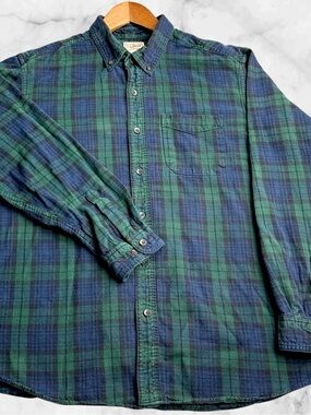 L.L.Bean Flannel Shirt Mens L Traditional Fit Black Watch Plaid Cotton Button Up
